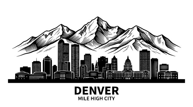 Black and white illustration of Denver city skyline with mountains