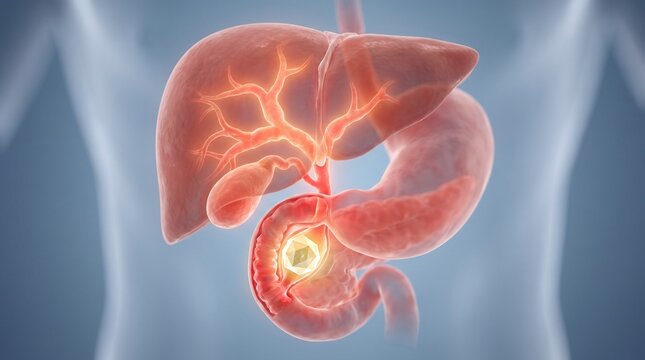 3D Anterior View of Inflamed Biliary Tree with Obstructing Gallstone