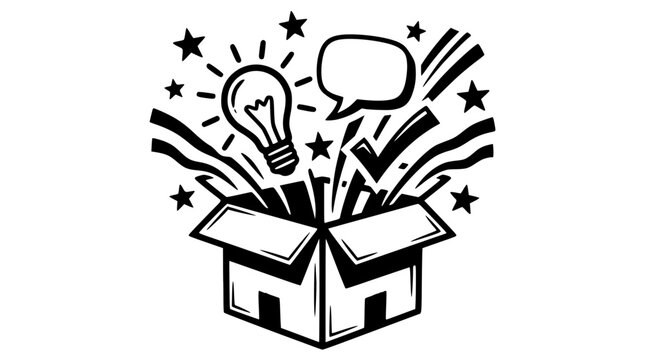 Black and white vector illustration of a creative idea box