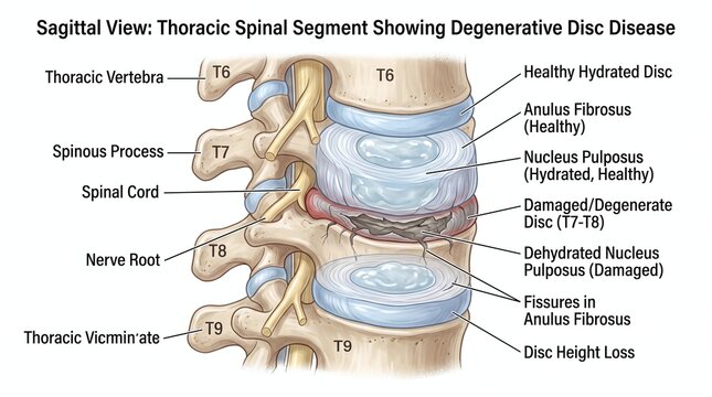 Detailed Sagittal Diagram of T6-T9 Thoracic Disc Degeneration