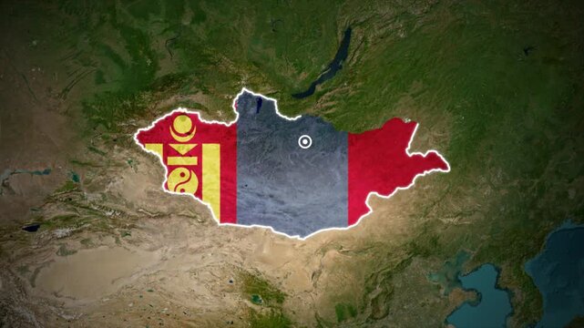 Mongolia Country Map with National Flag Overlay on Satellite Earth Background