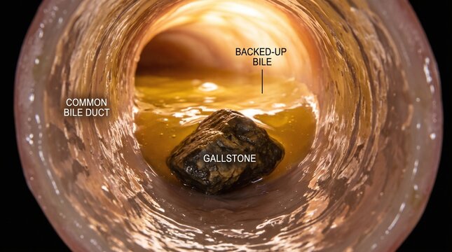 Labeled Internal View of an Obstructing Gallstone and Backed-Up Bile