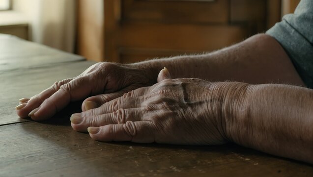 Close-up of wrinkled elderly hands resting on a table