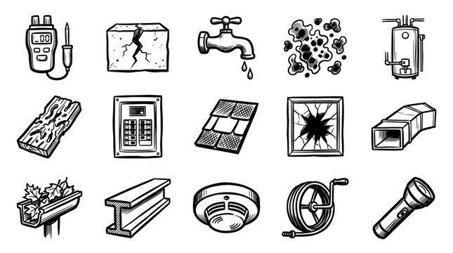 Comprehensive collection of hand-drawn black and white home repair icons, depicting various household issues and tools on a clean white background