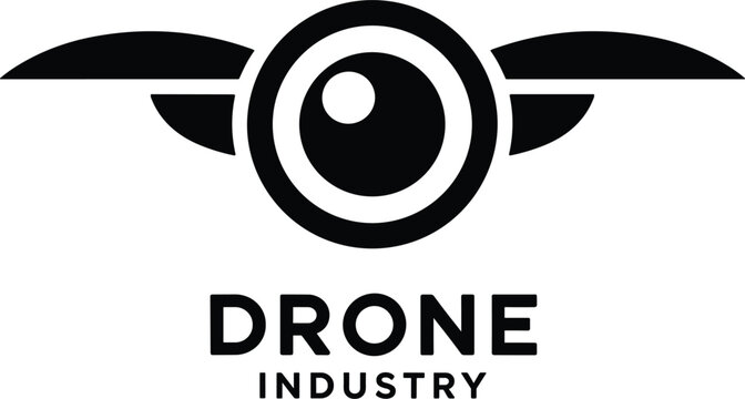 Minimalist black and white drone industry logo design featuring abstract wings and a camera lens vector