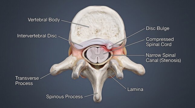 Labeled Axial View of Thoracic Disc Bulge and Spinal Stenosis