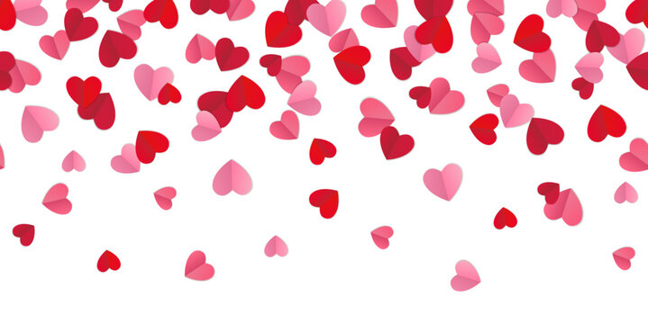 Vector decorative seamless pattern with folded paper hearts in red and pink isolated on white background
