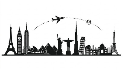 Global travel and tourism concept with famous historical monuments silhouette © MdSidur
