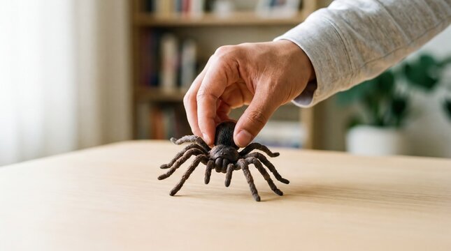 Hand Placing Realistic Fake Spider for April Fool's Prank &ndash; Playful Marketing Content