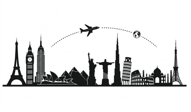 Global travel and tourism concept with famous historical monuments silhouette