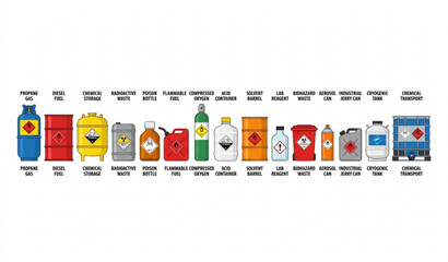 Hazardous chemical storage containers and barrels vector icon set