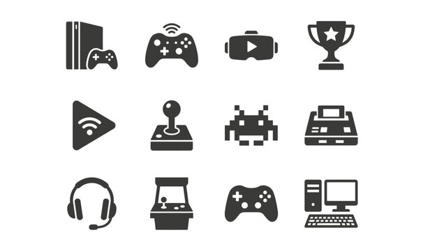 Gaming Icons Set: Video Game Elements, Console, Controllers, VR Headset, Joystick, Arcade Machine, Gaming PC, Esports Trophy, Streaming & Retro Pixel Art