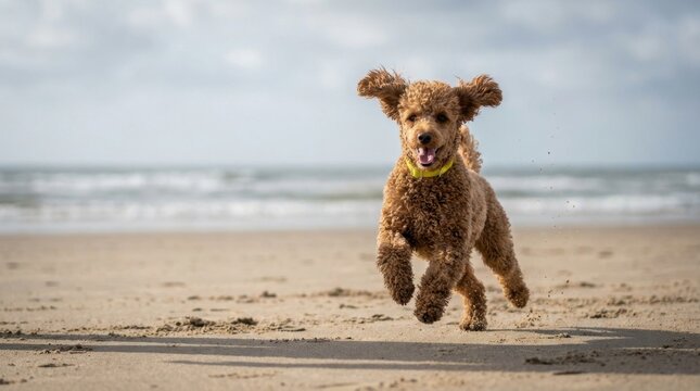 Joyful Brown Dog Races Across Sandy Beach with Enthusiasm and Energy.