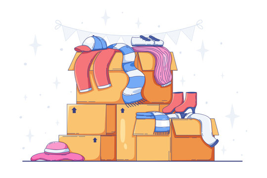 Clothes donation cardboard boxes with secondhand apparel and accessories vector illustration
