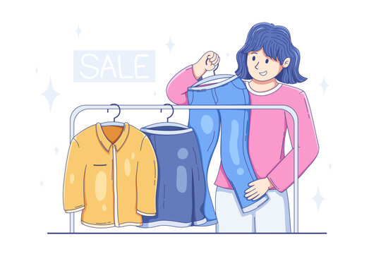 A woman shopping and picking out clothes from the racks during discount sale