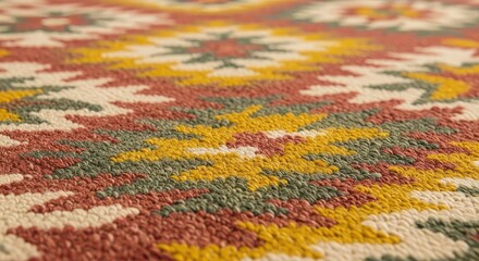 Obraz premium A detailed macro shot of a woven textile rug featuring intricate geometric motifs, vibrant earth tones, and a natural wool fiber texture, red, traditional, craftsmanship