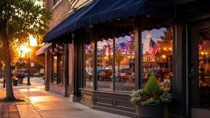 Fototapeta premium Small town storefront with dark blue awnings, flower planter and American flag reflected in windows at golden sunset, Main Street business background for Labor Day or local shopping