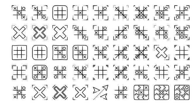 Tic tac toe and hashtag icon set black and white vector illustration
