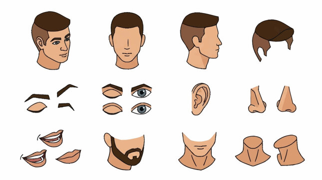 Illustrated male facial features and hairstyles.