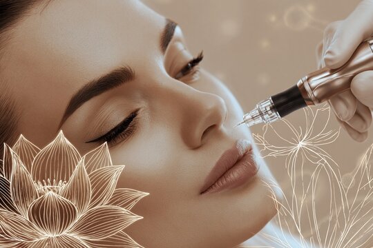 Close-up of a woman receiving permanent makeup lip blush treatment with a cosmetic tattooing device