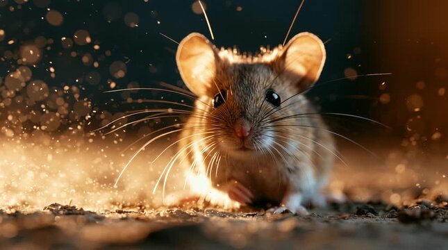 Curious house mouse in warm dramatic light, detailed wildlife close up, urban rodent, pest control and small mammal behavior concept