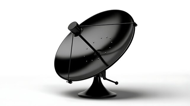 Black satellite communication dish antenna isolated on white background