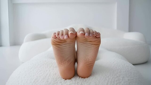 Woman's Bare Feet Relaxing on Cozy White Bed, Toe Wiggle and Curl