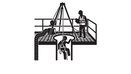 Confined space entry procedure with a worker descending into a manhole using a tripod safety system © MdSharifulAlam