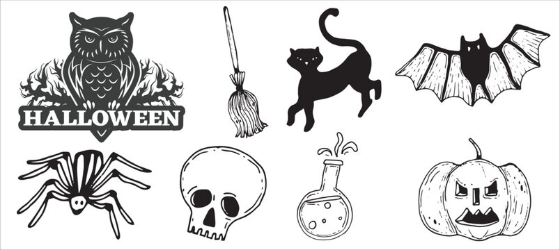 Vintage halloween illustration set with owl cat spider and pumpkin graphics