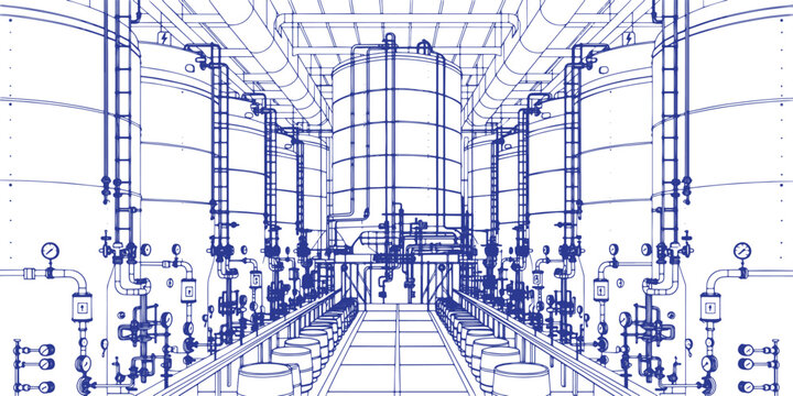 Industrial Alcohol Distillery Factory Interior with Fermentation Tanks and Pipe Network Line Art