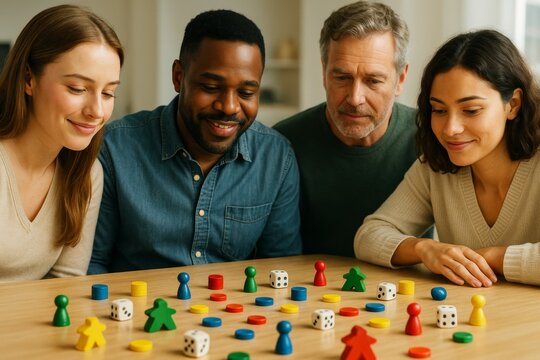 Group of four diverse adults playing colorful tabletop board game with dice and tokens on wooden table indoors with bright background and light.. Ai generative
