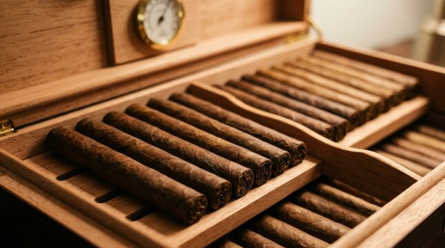 Close up of premium cigars arranged inside a wooden humidor with a built-in hygrometer