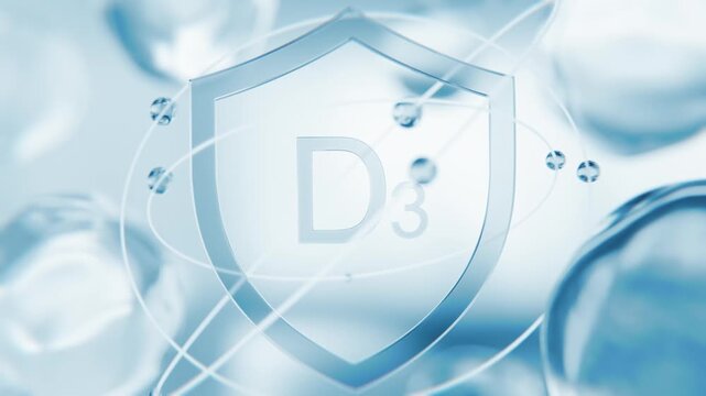 Vitamin D blue protection shield. 3D abstract background for pharma supplements. Medical defense capsule, immune booster drops, pharmaceutical sun vitamin formula for skin and bone health