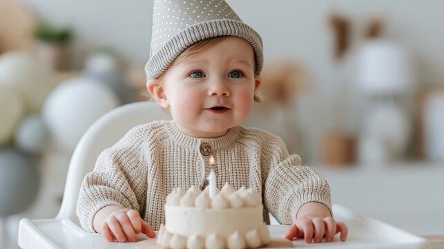 Adorable baby celebrating first birthday with a cake and party hat, joyful milestone moment