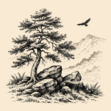 Vintage pine tree and mountain landscape hand-drawn sketch vector illustration