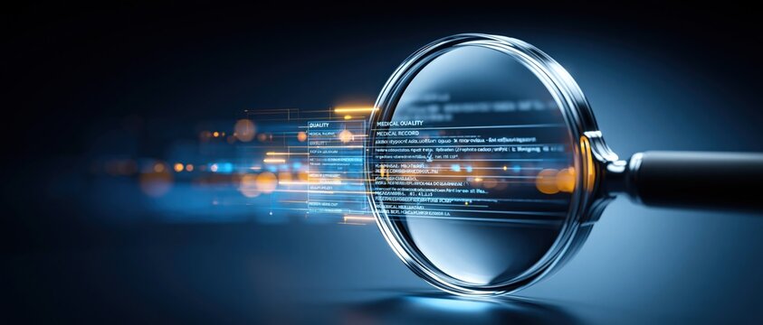 Magnifying glass focusing on digital data stream with glowing lines and code