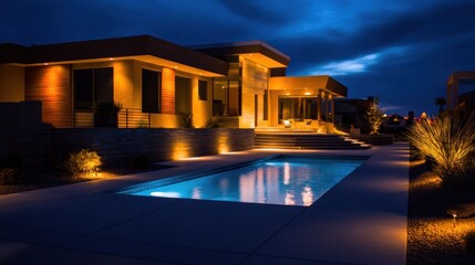 Fototapeta premium Modern house with illuminated pool and landscaping at dusk under deep blue sky