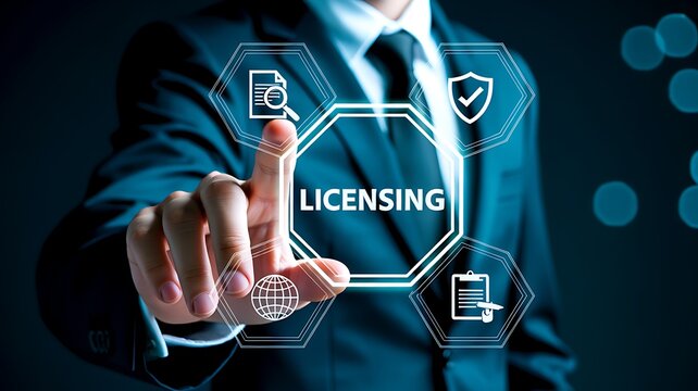 Digital licensing concept with businessman using virtual security interface and technology icons