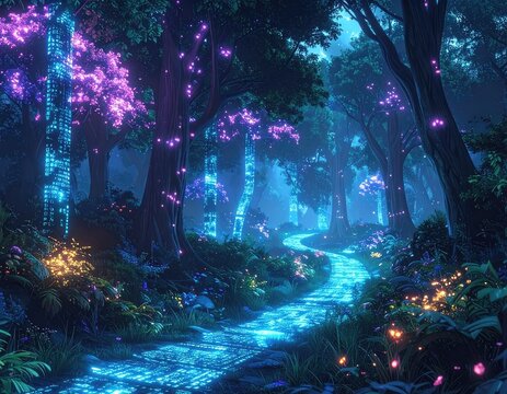 Enchanted digital forest path with glowing flora and bioluminescent trees