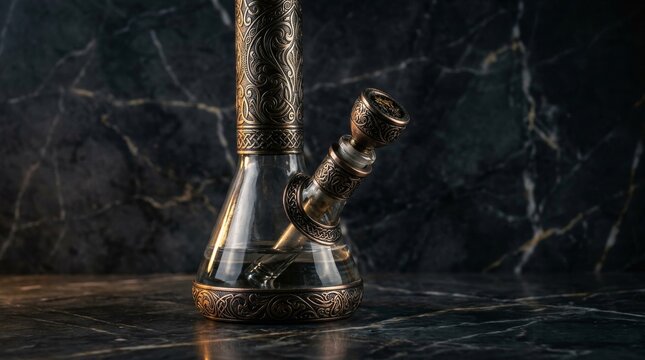 Ornate glass hookah pipe standing on a dark marble surface in a moody studio setting