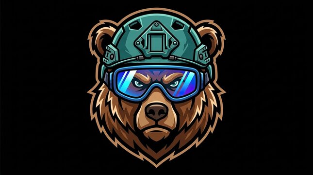 Bear mascot head wearing tactical military gear.