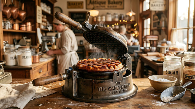 Vintage waffle iron cooking a golden brown waffle at a rustic bakery with steam rising