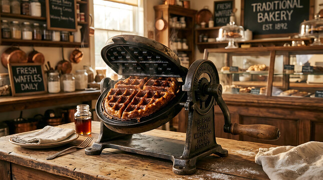 Vintage Waffle Iron Cooking Delicious Golden Waffles in Rustic Kitchen Setting