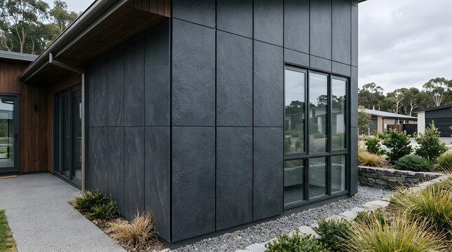 Modern luxury home exterior with charcoal stone cladding panels | Contemporary residential architecture design and facade | Industrial minimalist house style | Slate texture wall and garden
