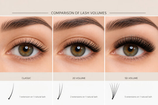 Woman eye showing comparison of classic, 2D and 5D eyelash extension volume. Beauty chart demonstrating different lash density techniques. Professional aesthetic cosmetology service guide.