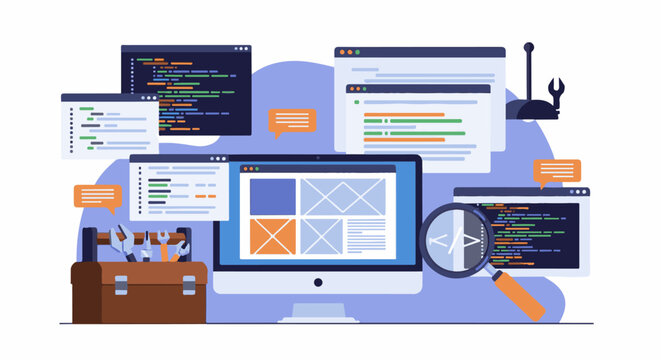 Computer screens with code tools and a magnifying glass representing development