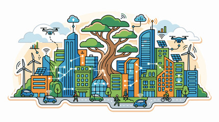 Fototapeta premium Connected urban landscape with renewable energy drones and smart technology
