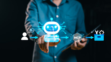 MCP Workflow Connecting User Prompt, LLM and External AI Tool, Businessman request processed large language model and routed through Model Context Protocol call external tool, API, automation system © Joi_studio