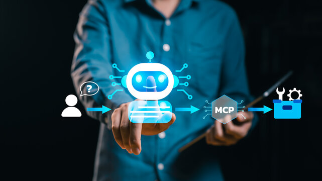 MCP Workflow Connecting User Prompt, LLM and External AI Tool, Businessman request processed large language model and routed through Model Context Protocol call external tool, API, automation system