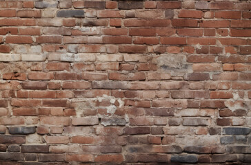 Fototapeta premium Processed collage of obsolete red brock masonry wall texture. Background for banner, backdrop.